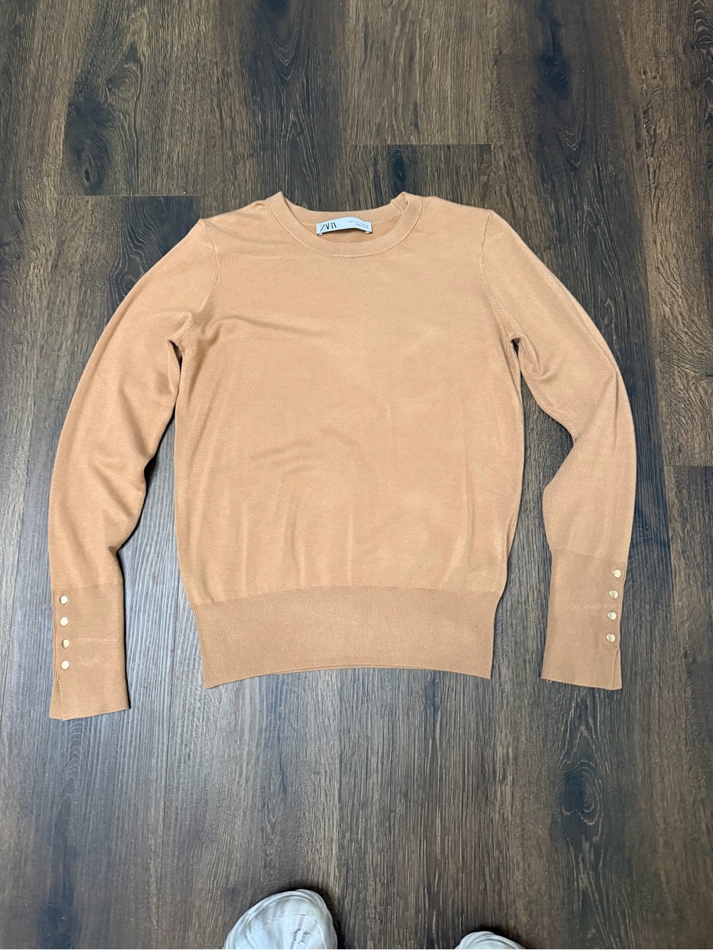 Zara Tan Camel Crewneck Sweater with Button Cuffs